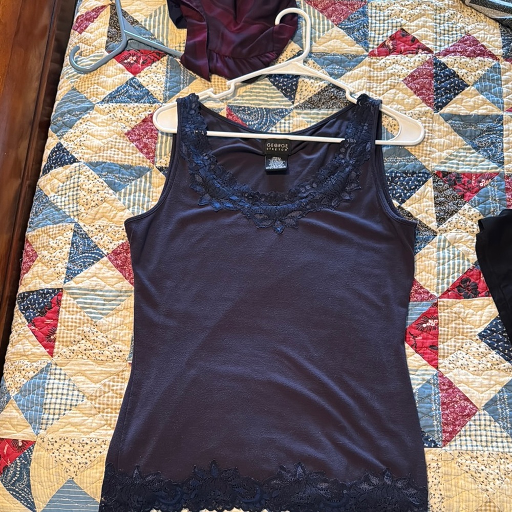 George Women's Navy Lace Trim Top - Picture 3 of 3